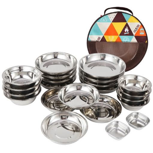 CLS Portable Stainless Steel Dinner Plate Set - 22 PCS - Outdoor Camping Cutlery - 1