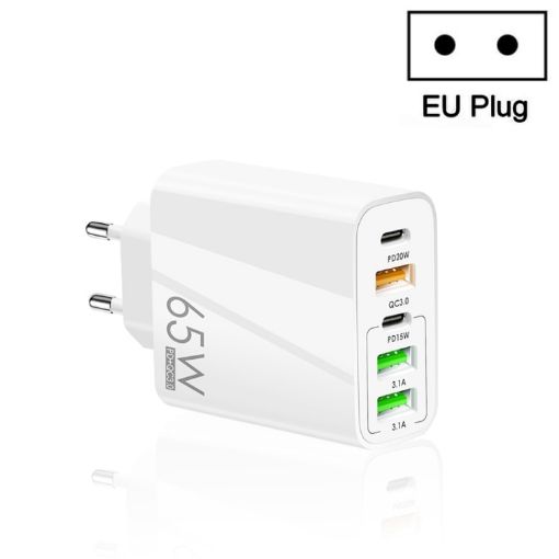 65W Dual PD Type-C + 3 x USB Multi Port Charger EU Plug White - 1