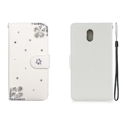 Nokia 3 Rhinestone Leather Case - Card Slot & Wallet - Diagonal Flower - 1