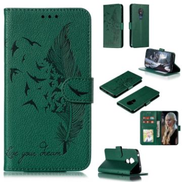 Green Feather Pattern Litchi Texture Leather Case for Motorola Moto G7 Power - 1