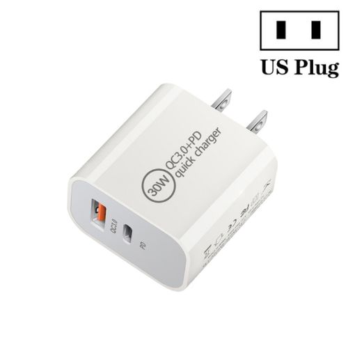PD30W USB-C/Type-C + QC3.0 USB Dual Port Charger, US Plug - 1