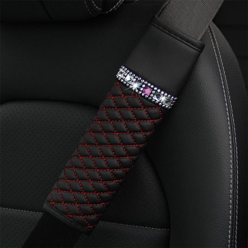 Car Leather Seat Belt Cover Shoulder Pads with Bling Diamonds - 1