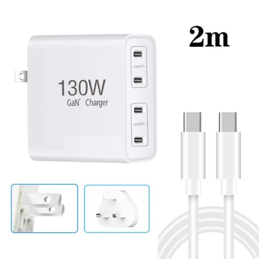 130W USB-C Four Port GaN Charger with 2m Cable - EU/UK/AU/US Plug - 1