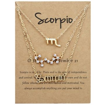 Picture of 3 In 1 12 Zodiac Signs Necklace Set Retro Alphabet Symbols With Diamonds Jewelry Set, Style: Scorpion Golden