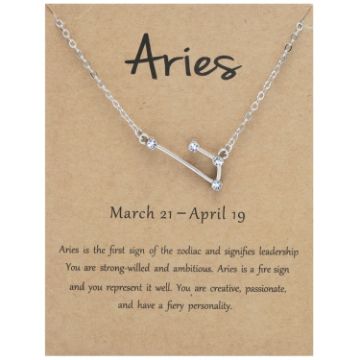 Picture of 12 Zodiac Signs With Diamonds Necklace Card Rhinestones Collarbone Chain Pendant, Style: Aries Silver