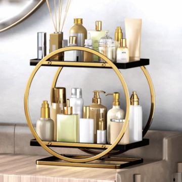 2 Tier Cosmetic Display Tray Makeup Organizer - Black/Gold - 1