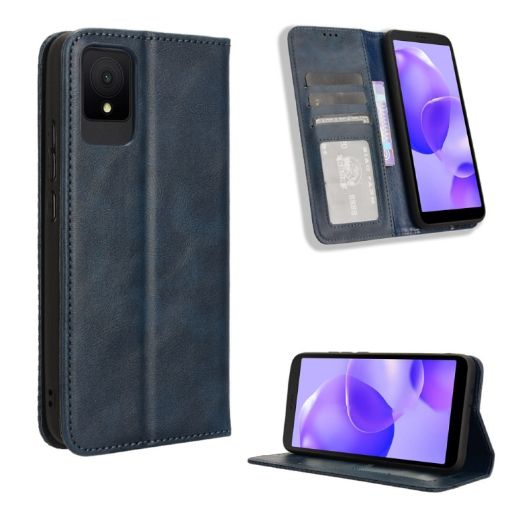 TCL 502 Blue Leather Phone Case - Retro Texture, Magnetic Buckle - 1