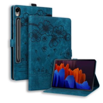 Samsung Galaxy Tab S9 FE Cartoon Sakura Cat Embossed Leather Tablet Case Blue - 1