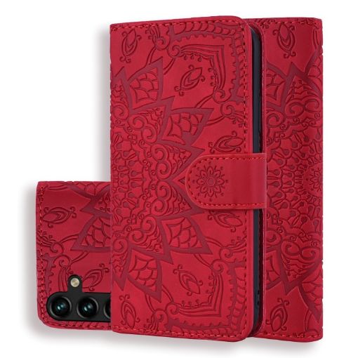 Samsung Galaxy A35 5G Mandala Embossed Dual-Fold Calf Leather Phone Case - Red - 1