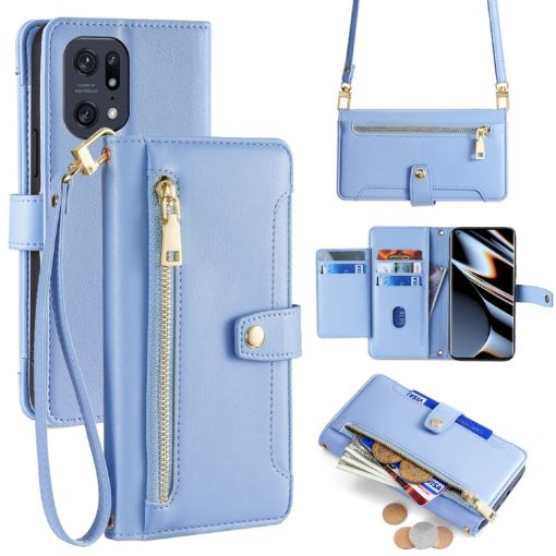 OPPO Find X5 Pro Blue Leather Phone Case - Cross-body Zipper Wallet - 1