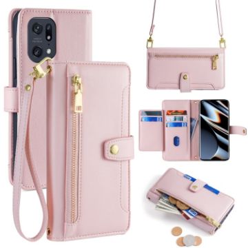 OPPO Find X5 Pro Pink Leather Phone Case - Cross-body Zipper Wallet - 1