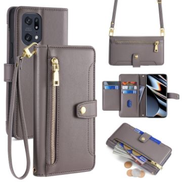 OPPO Find X5 Pro Sheep Texture Cross-body Zipper Wallet Leather Phone Case - Grey - 1