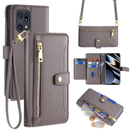 OPPO Find X5 Pro Sheep Texture Cross-body Zipper Wallet Leather Phone Case - Grey - 1