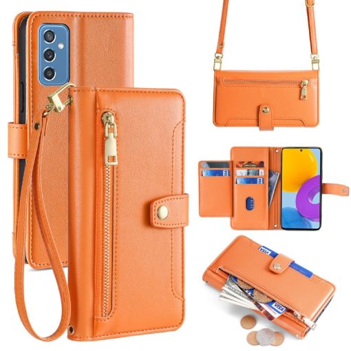 Samsung Galaxy M52 5G Sheep Texture Cross-body Zipper Wallet Leather Phone Case - Orange - 1