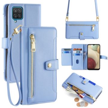 Samsung Galaxy A12 Sheep Texture Cross-body Zipper Wallet Leather Phone Case Blue - 1