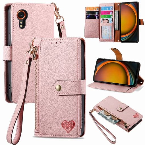 Samsung Galaxy Xcover 7 Pink Leather Phone Case with Zipper Lanyard - 1