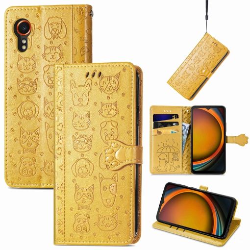 Samsung Galaxy Xcover 7 Cat and Dog Embossed Leather Phone Case Yellow - 1