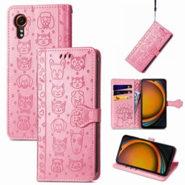 Samsung Galaxy Xcover 7 Cat and Dog Embossed Leather Phone Case - Pink - 1