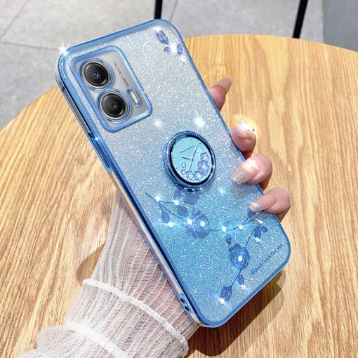Motorola Moto G53 5G Blue Glitter Flower Ring Phone Case - 1
