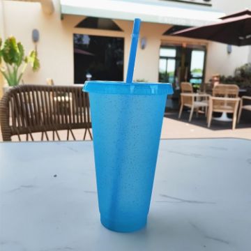 Picture of Large Summer Glitter Water Cup Plastic Ice Cold Drink Bottle with Straw (Light Blue)