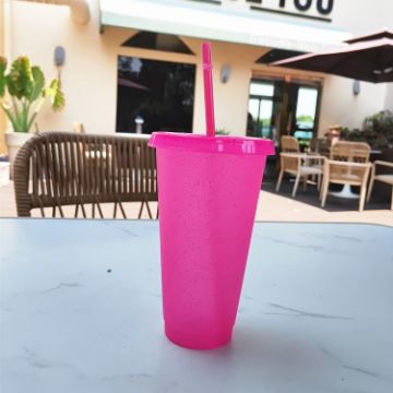 Picture of Large Summer Glitter Water Cup Plastic Ice Cold Drink Bottle with Straw (Rose Red)