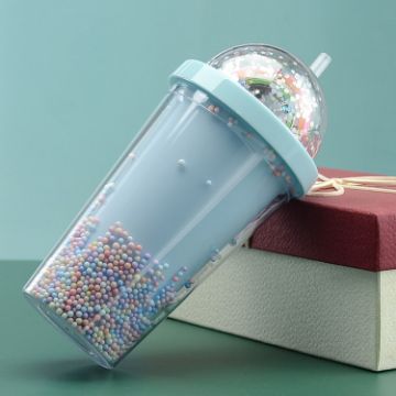 Rainbow Bubble Straw Cup Double-layer Plastic Girly Heart Drink Bottle Blue - 1