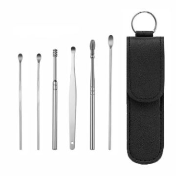 6 In 1 Stainless Steel Ear Pick with Black Leather Case - 1