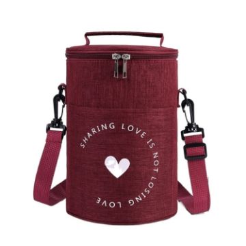 Round Insulated Lunch Bag Foldable Portable Tote - Wine Red - 1