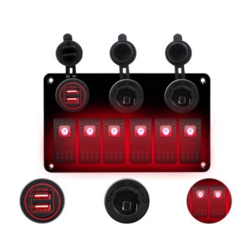 6 Way Switch Panel + Dual USB Charger for Car RV Boat - Red Light - 1
