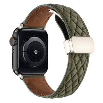 Picture of For Apple Watch Series 7 45mm Rhombus Pattern Magnetic Folding Buckle Leather Watch Band (Army Green)