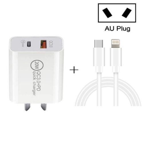 TCS-20WACA 20W PD Type-C + QC 3.0 Fast Charging Travel Charger + Cable - 1