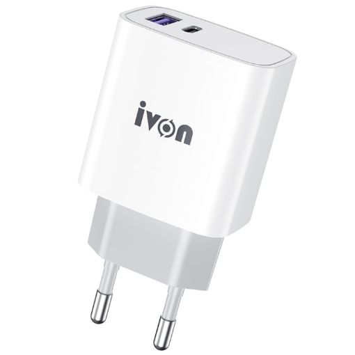 IVON AD52 18W USB-C/Type-C + USB Dual Port PD Fast Charge EU Plug - 1