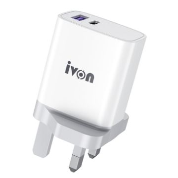 IVON AD52 18W USB-C/Type-C + USB Dual Port PD Fast Charge (UK Plug) - 1