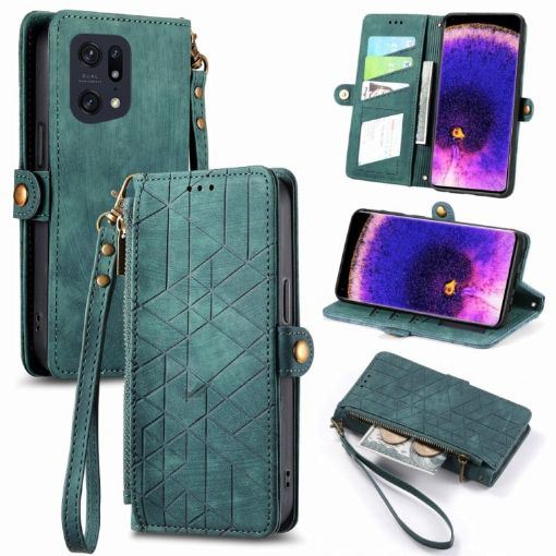 OPPO Find X5 Pro Green Leather Phone Case - Geometric Zipper Wallet - 1