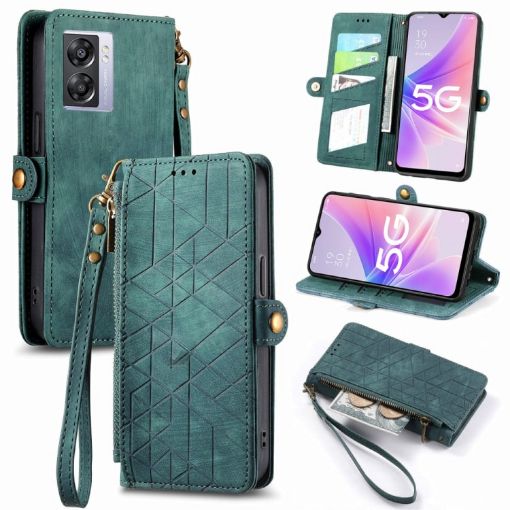 OPPO A57 5G Green Leather Phone Case - Geometric Zipper Wallet - 1