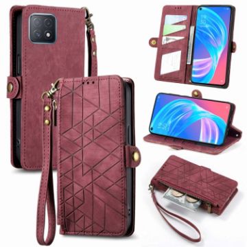 OPPO A72 5G Red Leather Phone Case - Geometric Zipper Wallet - 1