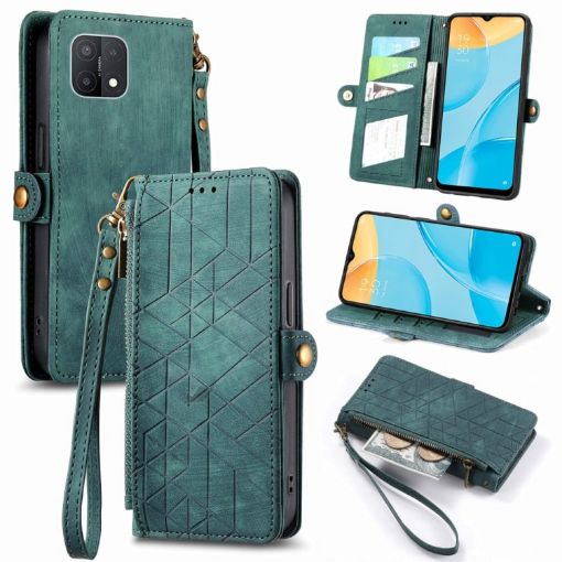 OPPO A15 Green Geometric Zipper Wallet Leather Phone Case - 1