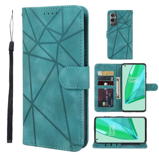 OnePlus 9 Pro Green Leather Phone Case - Geometric Lines Skin Feel - 1