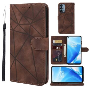 OnePlus Nord N200 5G Brown Leather Phone Case - Geometric Lines - 1