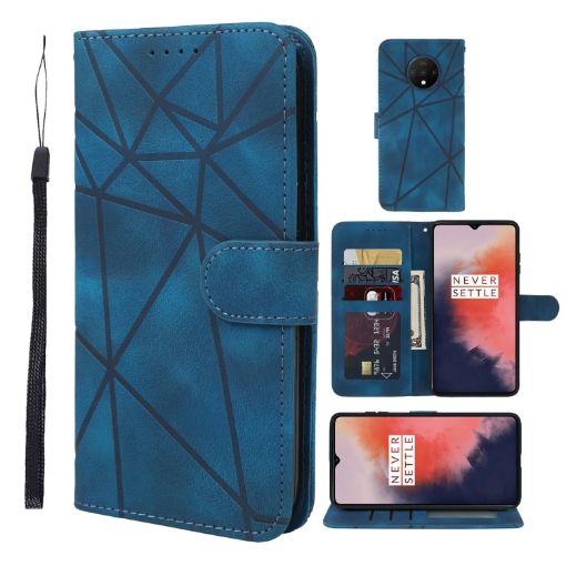 OnePlus 7T Blue Leather Phone Case - Geometric Lines Skin Feel - 1