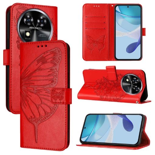 Oukitel C37 Red Leather Phone Case - Embossed Butterfly Design - 1