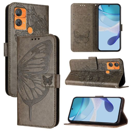 Oukitel C33 Grey Leather Phone Case - Embossed Butterfly Design - 1
