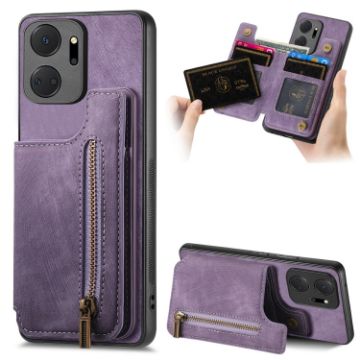 For Honor X7a Retro Leather Zipper Wallet Back Phone Case Purple - 1