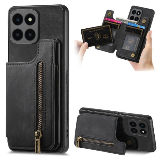 For Honor X6a Retro Leather Zipper Wallet Back Phone Case - Black - 1