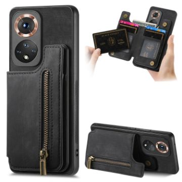 For Honor 50 Retro Leather Zipper Wallet Back Phone Case Black - 1