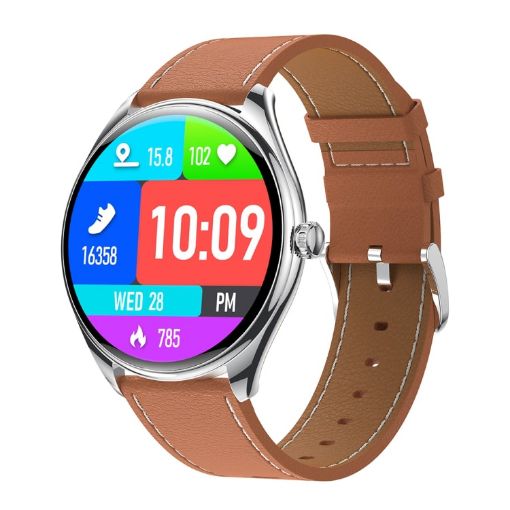 MT55 1.43" AMOLED HD Smart Health Watch, Leather Strap - Silver Brown - 1