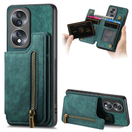 For Honor 70 Retro Leather Zipper Wallet Back Phone Case Green - 1