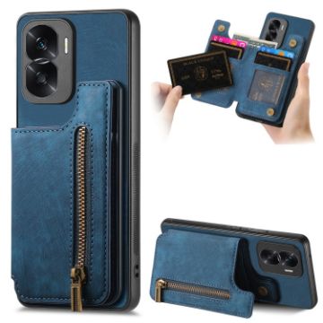 For Honor X50i/90 Lite Retro Leather Zipper Wallet Back Phone Case Blue - 1
