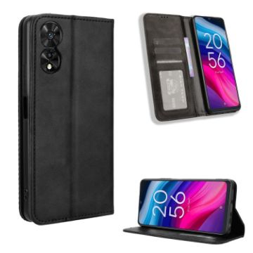 TCL 50 5G Black Leather Phone Case - Retro Texture, Magnetic Buckle - 1