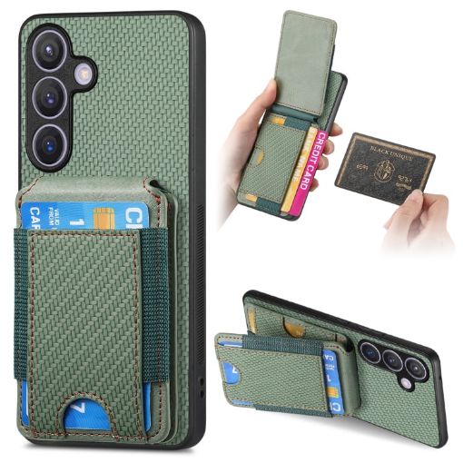 Samsung Galaxy S22 5G Carbon Fiber Wallet Stand Phone Case Green - 1